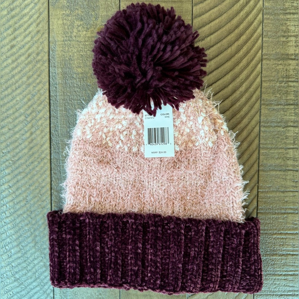 Cozy Pink & Wine Pom-Pom Beanie (NWT)